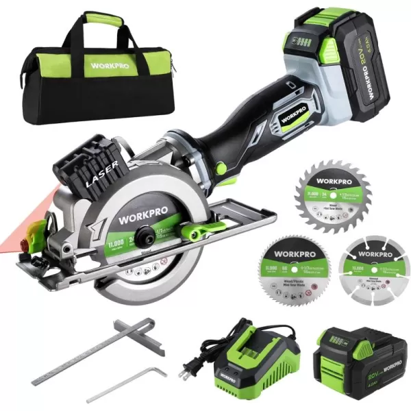 imageWORKPRO 20V Cordless Mini Circular Saw 412quot Compact Wireless Circular Saw 40Ah Battery Fast Charger 3 Saw Blades 4500RPM Laser Guide Max Cutting Depth 11116quot90 118quot45