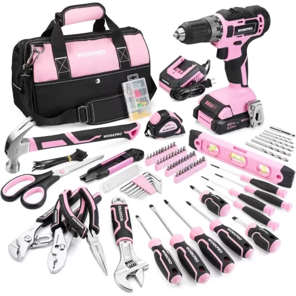 imageWORKPRO Home Tool Set with Power Drill 157PCS Power Drill Sets with 20V Cordless Lithiumion Drill Driver Home Tool Kit for All Purpose Cordless Drill Set Combo Kit With Tool BagPink