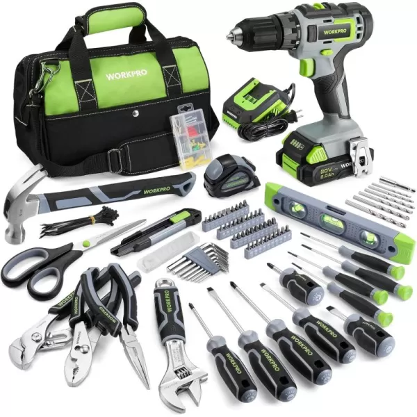 imageWORKPRO Home Tool Set with Power Drill 157PCS Power Drill Sets with 20V Cordless Lithiumion Drill Driver Home Tool Kit for All Purpose Cordless Drill Set Combo Kit With Tool BagGrey