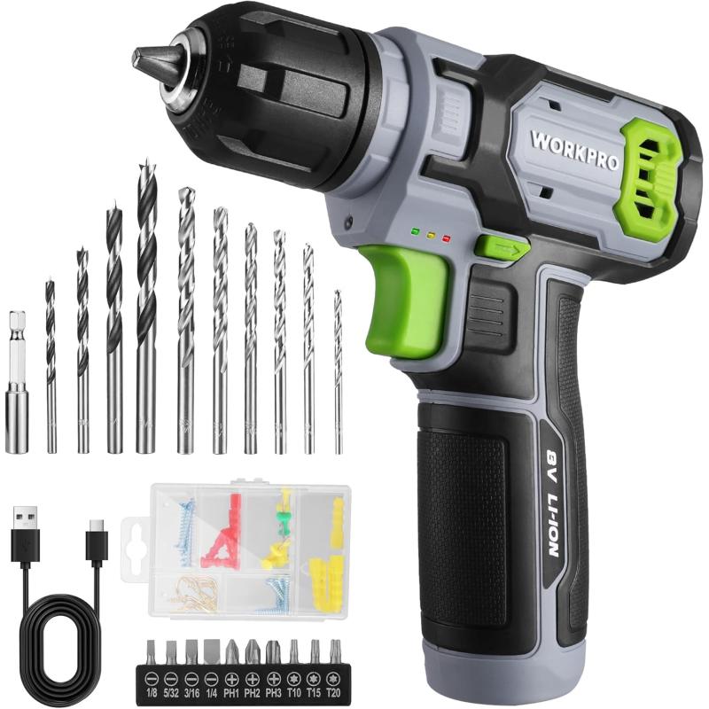 imageWORKPRO Pink Power Drill Set 8V Cordless Drill Driver Set with 53pcs Bit Set 20Ah Electric Cordless Drill Kit with 38quot Keyless Chuck and Variable Speed Trigger Portable Drill for DIY Pink RibbonGrey