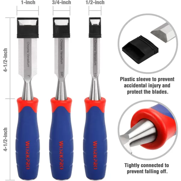 imageHANYWIL 3piece Wood Chisel Set CrV Construction BiMaterial Soft Grip with Hammer End for Woodworking Carving