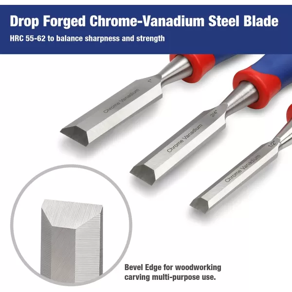 imageHANYWIL 3piece Wood Chisel Set CrV Construction BiMaterial Soft Grip with Hammer End for Woodworking Carving