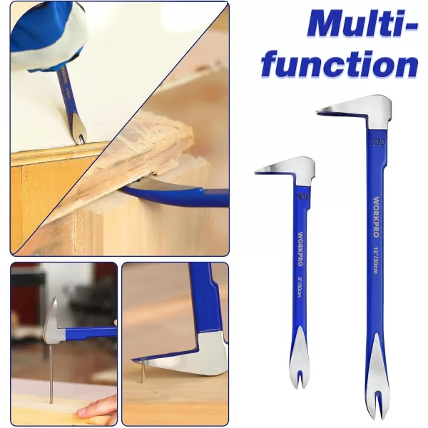 imageWORKPRO 2Piece Nail Puller Set 12 Pry Bar 8 Mini Crowbar Cats Paw Nail Remover Claw Bar for Kitchen Remodel Prying Apart Baseboard Multisided Forged Steel Made