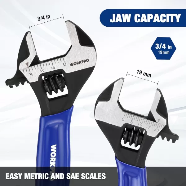 imageWORKPRO 2piece Adjustable Wrench Set 6Inch ampamp 10Inch Wrenches Wide Jaw Black Oxide Wrench Metric ampamp SAE Scales CrV Steel for Home Garage WorkshopBlue