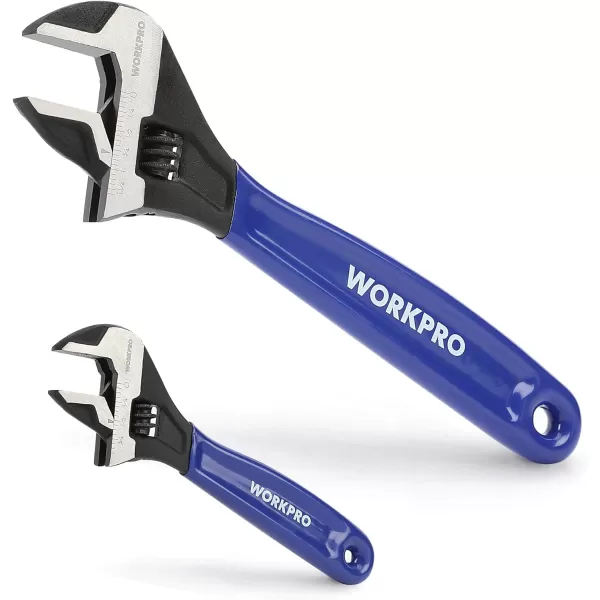 imageWORKPRO 2piece Adjustable Wrench Set 6Inch ampamp 10Inch Wrenches Wide Jaw Black Oxide Wrench Metric ampamp SAE Scales CrV Steel for Home Garage WorkshopBlue