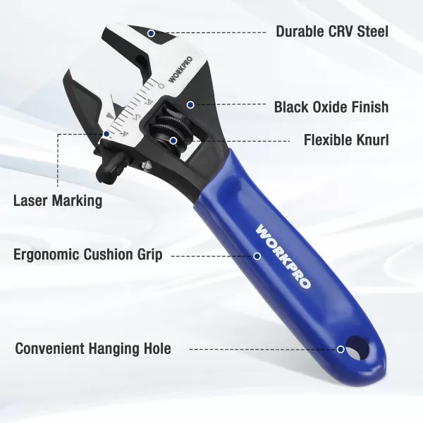 imageWORKPRO 2piece Adjustable Wrench Set 6Inch ampamp 10Inch Wrenches Wide Jaw Black Oxide Wrench Metric ampamp SAE Scales CrV Steel for Home Garage WorkshopBlue