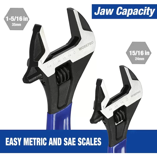 imageWORKPRO 2piece Adjustable Wrench Set 6Inch ampamp 10Inch Wrenches Wide Jaw Black Oxide Wrench Metric ampamp SAE Scales CrV Steel for Home Garage WorkshopBlue