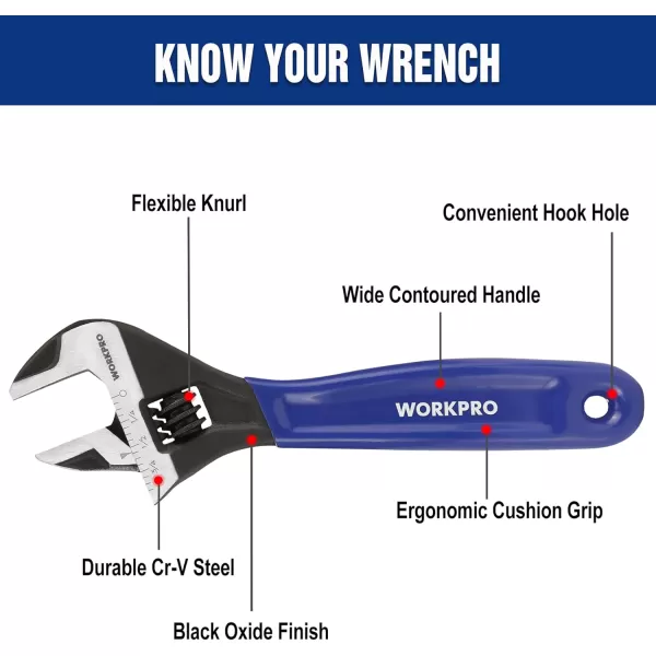 imageWORKPRO 2piece Adjustable Wrench Set 6Inch ampamp 10Inch Wrenches Wide Jaw Black Oxide Wrench Metric ampamp SAE Scales CrV Steel for Home Garage WorkshopBlue
