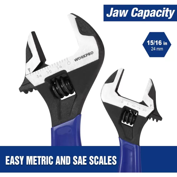 imageWORKPRO 2piece Adjustable Wrench Set 6Inch ampamp 10Inch Wrenches Wide Jaw Black Oxide Wrench Metric ampamp SAE Scales CrV Steel for Home Garage WorkshopBlue