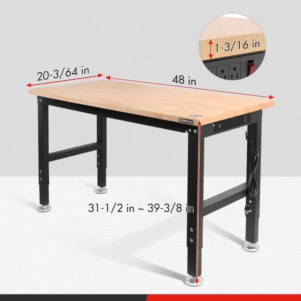imageWORKPRO 48quot Adjustable Workbench Rubber Wood Top HeavyDuty Workstation 2000 LBS Load Capacity Hardwood Worktable with Power Outlets for Workshop Garage Office Home4FT workbench pack of 2