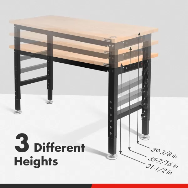 imageWORKPRO 48quot Adjustable Workbench Rubber Wood Top HeavyDuty Workstation 2000 LBS Load Capacity Hardwood Worktable with Power Outlets for Workshop Garage Office Home4FT workbench pack of 2