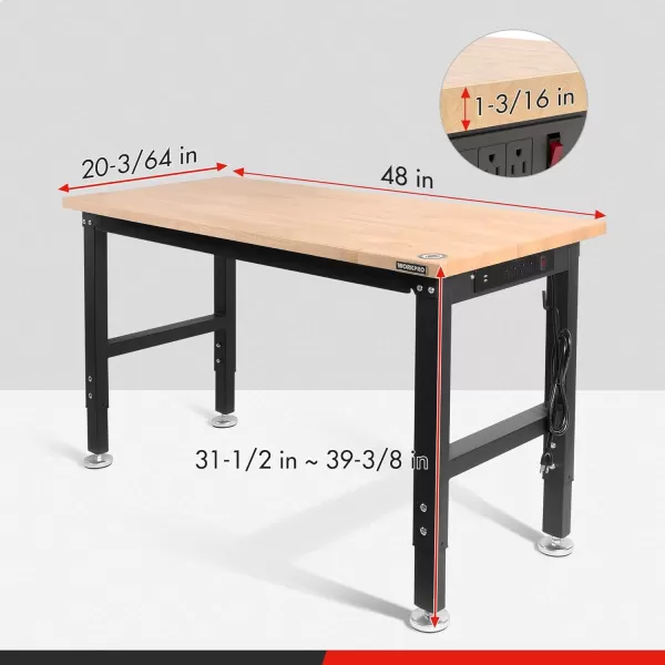 imageWORKPRO 48quot Adjustable Workbench Rubber Wood Top HeavyDuty Workstation 2000 LBS Load Capacity Hardwood Worktable with Power Outlets for Workshop Garage Office Home4FT workbench