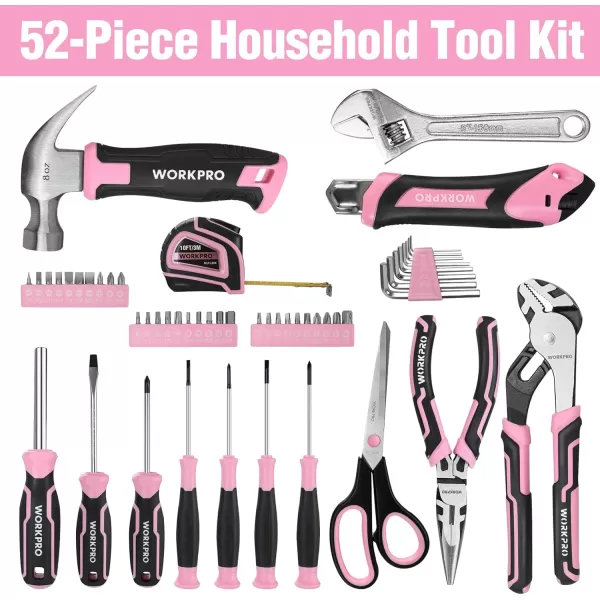 imageWORKPRO 52Piece Pink Tools Set Household Tool Kit with Storage Toolbox Basic Tool Set for Home Garage Apartment Dorm New House Back to School and as a Gift  Pink Ribbon