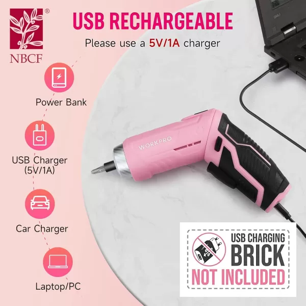 imageWORKPRO 75Piece Pink Tools Set 37V Rotatable Cordless Screwdriver and Household Tool Kit Basic Tool Set with 13 Portable Steel Tool Box for Home Garage Apartment Dorm New House  Pink Ribbon