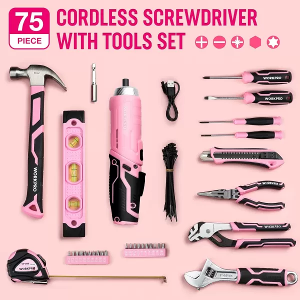 imageWORKPRO 75Piece Pink Tools Set 37V Rotatable Cordless Screwdriver and Household Tool Kit Basic Tool Set with 13 Portable Steel Tool Box for Home Garage Apartment Dorm New House  Pink Ribbon