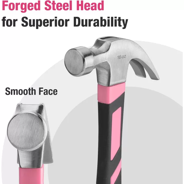 imageWORKPRO 8 oz Claw Hammer with Fiberglass Handle All Purpose Hammer with Forged Hardened Steel Head Smooth Face ampamp Shock Reduction Grip  Pink Ribbon16oz