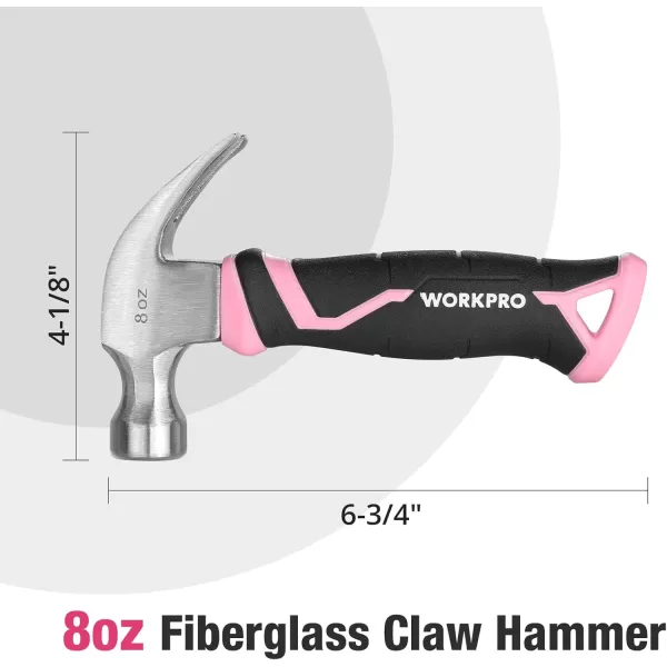 imageWORKPRO 8 oz Claw Hammer with Fiberglass Handle All Purpose Hammer with Forged Hardened Steel Head Smooth Face ampamp Shock Reduction Grip  Pink Ribbon8oz