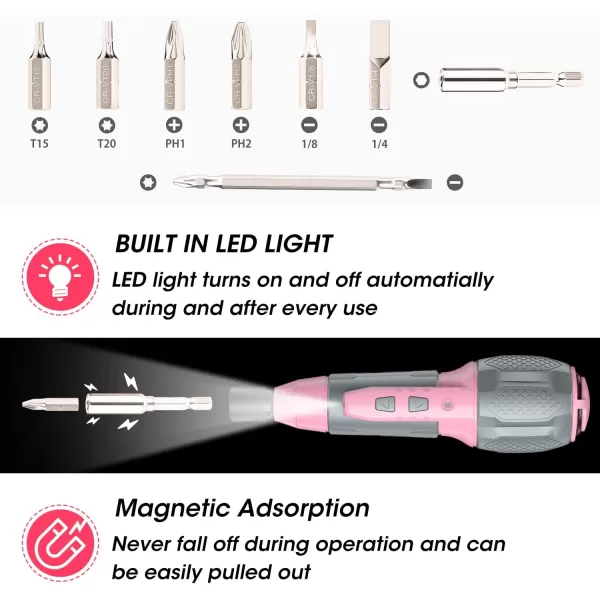 imageWORKPRO Electric Cordless Screwdriver Set  4V USB Rechargeable Lithiumion Battery Screwdriver Kit with LED Light  Small Screwdriver with 7pcs Bits for Home Office Apartment  Pink RibbonPink