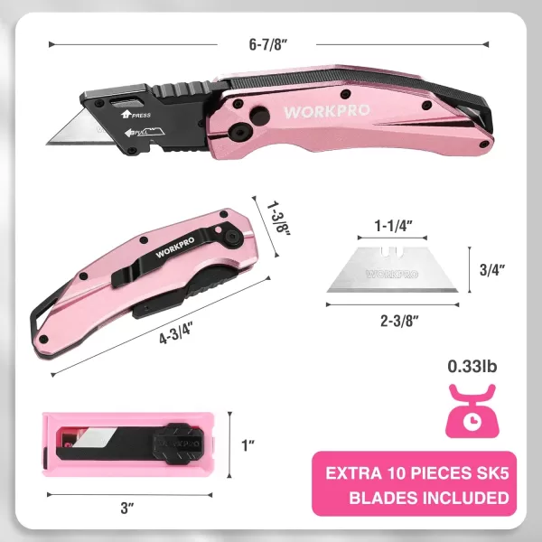 imageWORKPRO Folding Utility Knife Quick Change SK5 Pink Box Cutter Aluminum Handle Razor Knife for Boxes Cartons Cardboard 10 Extra Blades Included  Pink Ribbon