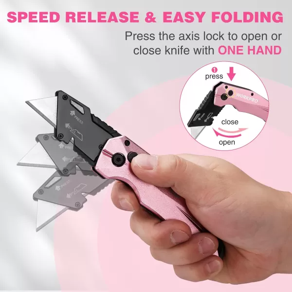 imageWORKPRO Folding Utility Knife Quick Change SK5 Pink Box Cutter Aluminum Handle Razor Knife for Boxes Cartons Cardboard 10 Extra Blades Included  Pink Ribbon