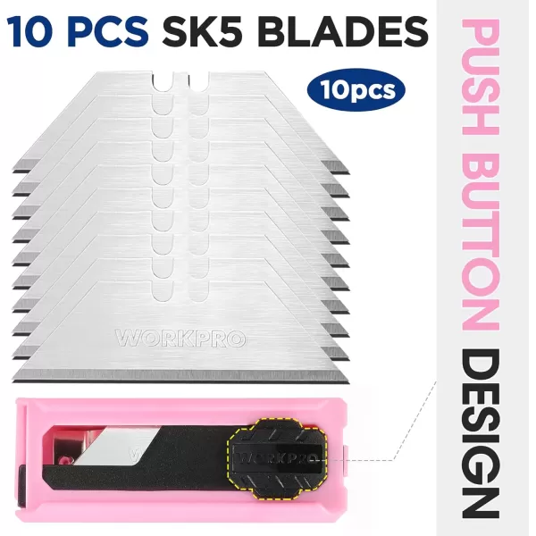 imageWORKPRO Folding Utility Knife Quick Change SK5 Pink Box Cutter Aluminum Handle Razor Knife for Boxes Cartons Cardboard 10 Extra Blades Included  Pink Ribbon