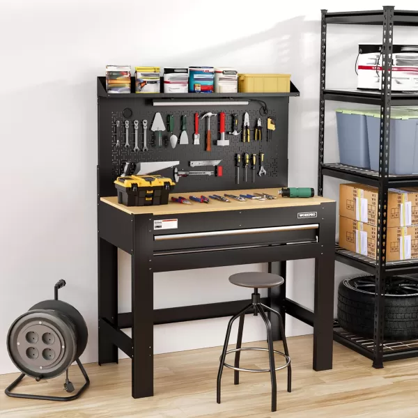 imageWORKPRO Garage Workbench with Storage 45quot Workbench with Pegboard Power Outlets and Light 800 LBS Multipurpose Work Bench for Garage Warehouse Workshop Home