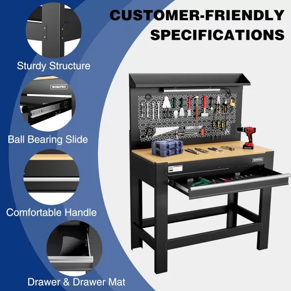 imageWORKPRO Garage Workbench with Storage 45quot Workbench with Pegboard Power Outlets and Light 800 LBS Multipurpose Work Bench for Garage Warehouse Workshop Home