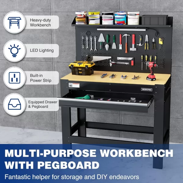 imageWORKPRO Garage Workbench with Storage 45quot Workbench with Pegboard Power Outlets and Light 800 LBS Multipurpose Work Bench for Garage Warehouse Workshop Home