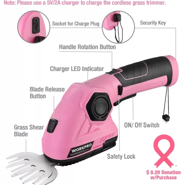 imageWORKPRO Pink Cordless Grass Shear ampamp Shrubbery Trimmer  2 in 1 Handheld Hedge Trimmer 72V Electric Grass Trimmer Hedge ShearsGrass Cutter 20Ah Rechargeable LithiumIon Battery  Pink RibbonPink