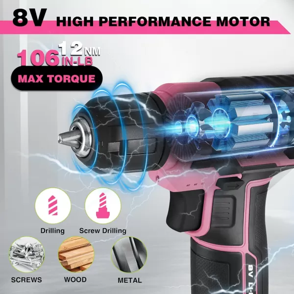 imageWORKPRO Pink Power Drill Set 8V Cordless Drill Driver Set with 53pcs Bit Set 20Ah Electric Cordless Drill Kit with 38quot Keyless Chuck and Variable Speed Trigger Portable Drill for DIY Pink RibbonPink