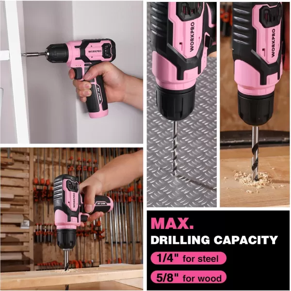 imageWORKPRO Pink Power Drill Set 8V Cordless Drill Driver Set with 53pcs Bit Set 20Ah Electric Cordless Drill Kit with 38quot Keyless Chuck and Variable Speed Trigger Portable Drill for DIY Pink RibbonPink