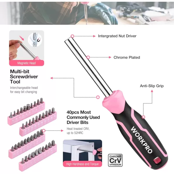 imageWORKPRO Pink Tool Box 258PCS Pink Tool Kit for Home Complete Household Tool Set with Pink Hammer Screwdriver Set Portable Toolkit for Home Repair New Apartment HouseWarming DIY  Pink Ribbon
