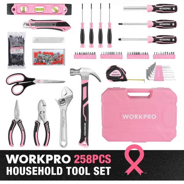 imageWORKPRO Pink Tool Box 258PCS Pink Tool Kit for Home Complete Household Tool Set with Pink Hammer Screwdriver Set Portable Toolkit for Home Repair New Apartment HouseWarming DIY  Pink Ribbon