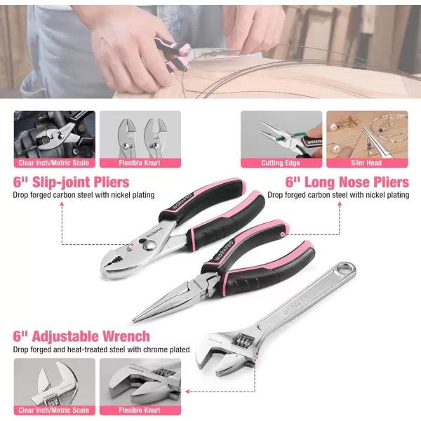 imageWORKPRO Pink Tool Box 258PCS Pink Tool Kit for Home Complete Household Tool Set with Pink Hammer Screwdriver Set Portable Toolkit for Home Repair New Apartment HouseWarming DIY  Pink Ribbon