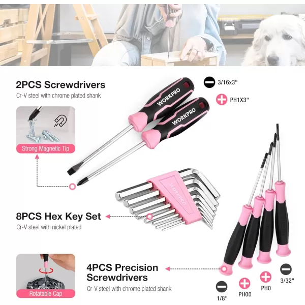 imageWORKPRO Pink Tool Box 258PCS Pink Tool Kit for Home Complete Household Tool Set with Pink Hammer Screwdriver Set Portable Toolkit for Home Repair New Apartment HouseWarming DIY  Pink Ribbon
