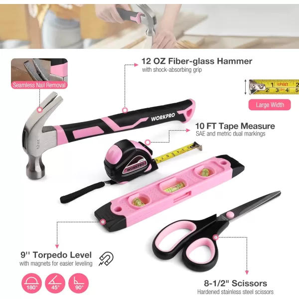 imageWORKPRO Pink Tool Box 258PCS Pink Tool Kit for Home Complete Household Tool Set with Pink Hammer Screwdriver Set Portable Toolkit for Home Repair New Apartment HouseWarming DIY  Pink Ribbon