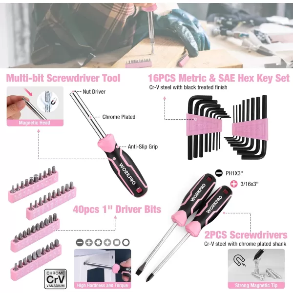 imageWORKPRO Pink Tool Box 284PCS Pink Household Tool Set Pink Tool Kit for Home with Sockets Pliers Ratchet Handle Portable Toolkit for Home Repair New Apartment HouseWarming DIY  Pink Ribbon