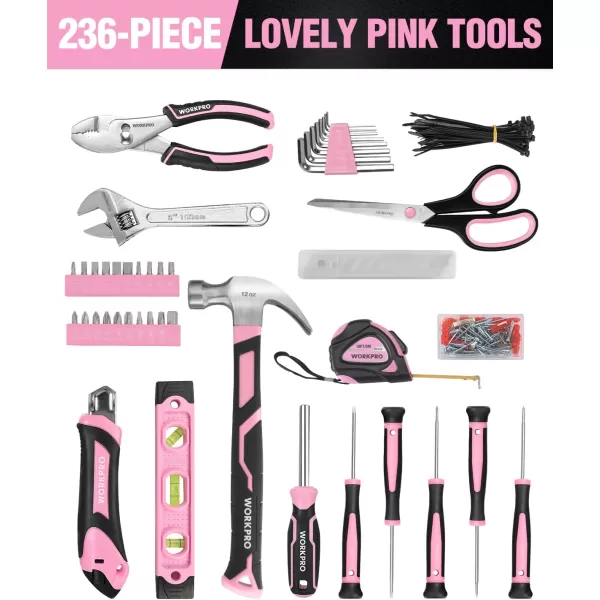 imageWORKPRO Pink Tool Kit  236 Pieces Pink Tool Set with Easy Carrying Round Pouch Household Tool Kit Perfect for DIY Home Maintenance  Pink Ribbon