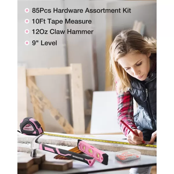 imageWORKPRO Pink Tool Kit  236 Pieces Pink Tool Set with Easy Carrying Round Pouch Household Tool Kit Perfect for DIY Home Maintenance  Pink Ribbon