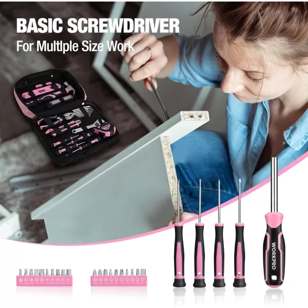imageWORKPRO Pink Tool Set  100 Pieces Pink Tool Kit with Easy Carrying Pouch Household Tool Kit for Home Apartment Office College Perfect for DIY Projects Home Maintenance  Pink RibbonPink
