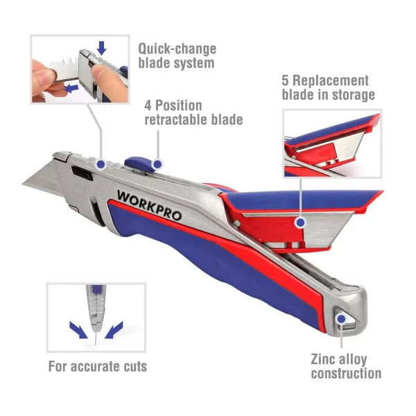 imageWORKPRO Retractable Utility Knife Box Cutter with Quickchange Blade Mechanism Blade Storage Compartment Hidden in Zinc Alloy Handle 15 Extra Blades Included