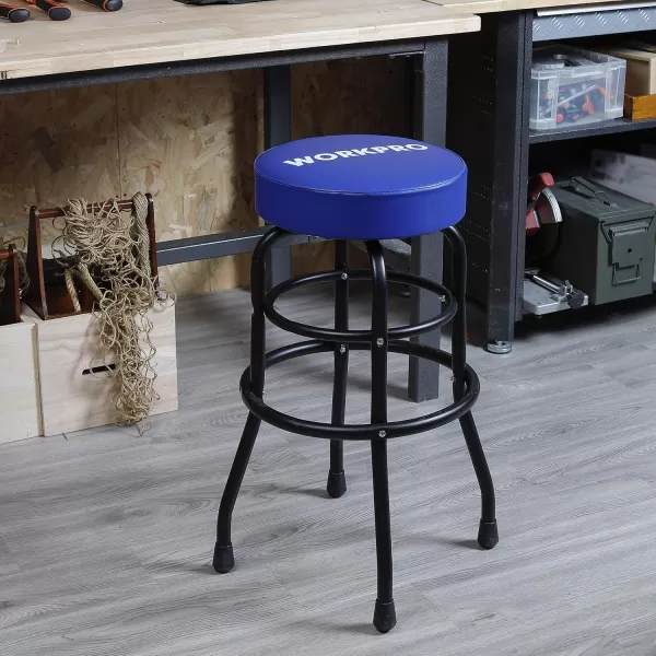 imageWORKPRO W112003 Garage Shop Stool HeavyDuty Steel Construction Garage Stool Swivel Cushion Seat Black Powder Coated Legs ampamp Footrest Single Pack