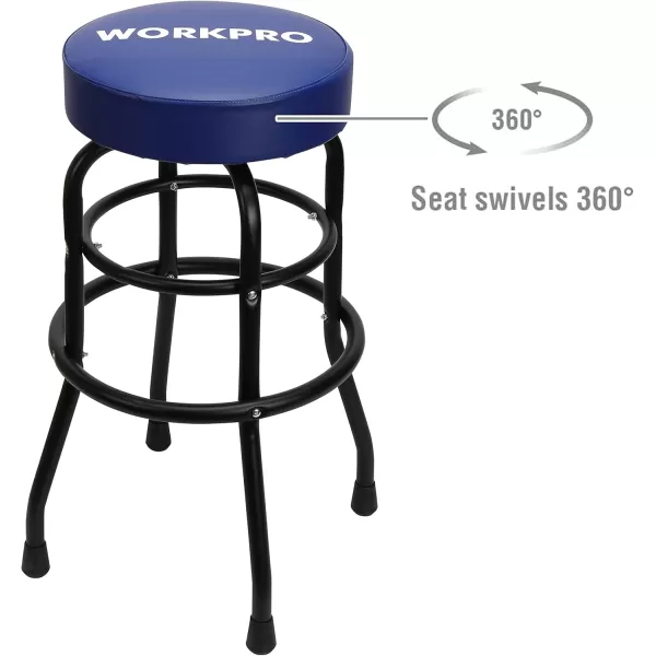 imageWORKPRO W112003 Garage Shop Stool HeavyDuty Steel Construction Garage Stool Swivel Cushion Seat Black Powder Coated Legs ampamp Footrest Single Pack