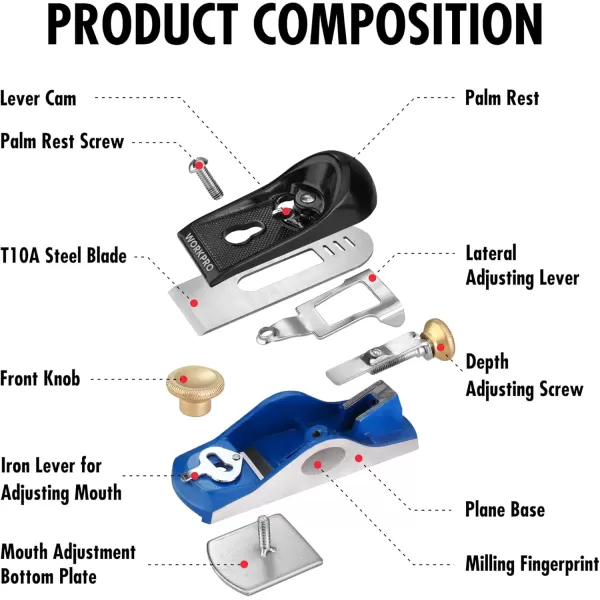 imageWORKPRO Wood Planer 6516quot Low Angle Hand Planer with T10A Steel Blade Adjustable Mouth ampamp Cast Iron Body Pocket Block Plane for Home Improvement Carpentry Work Woodworking Hobby Handicraft DIY