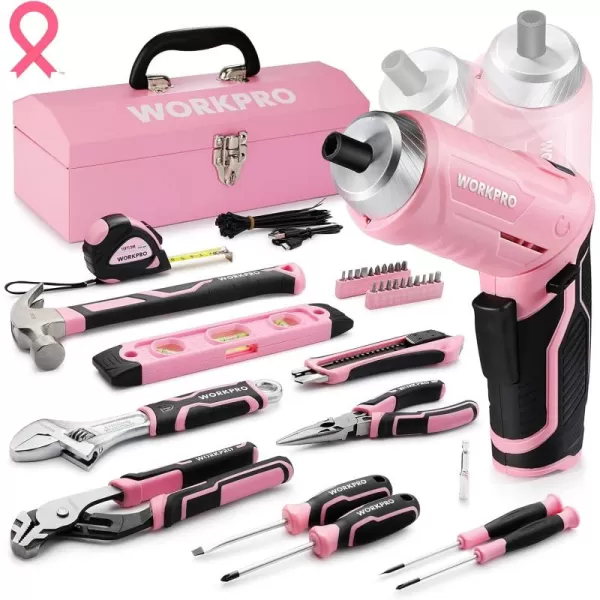 imageWORKPRO 75Piece Pink Tools Set 37V Rotatable Cordless Screwdriver and Household Tool Kit Basic Tool Set with 13 Portable Steel Tool Box for Home Garage Apartment Dorm New House  Pink Ribbon