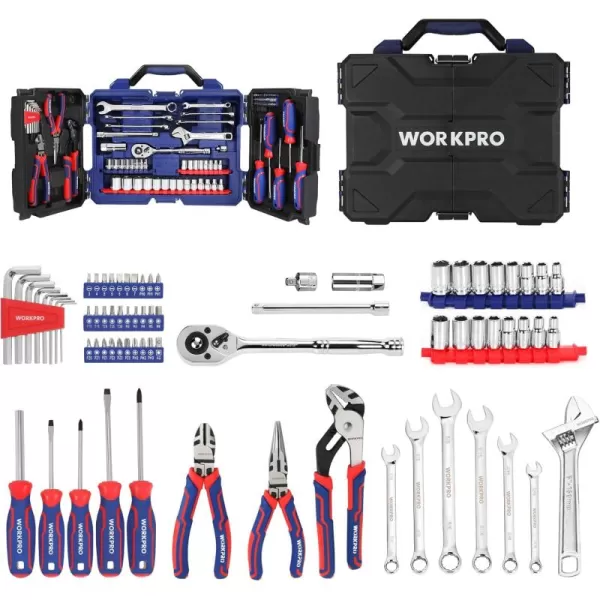 imageWORKPRO 87 Piece Household Hand Tool Kit General Auto Repair Tool Set with Pliers Screwdrivers Sockets Wrenches and Toolbox Storage Case Mechanic Tool Set for Homeowner Diyer Handyman