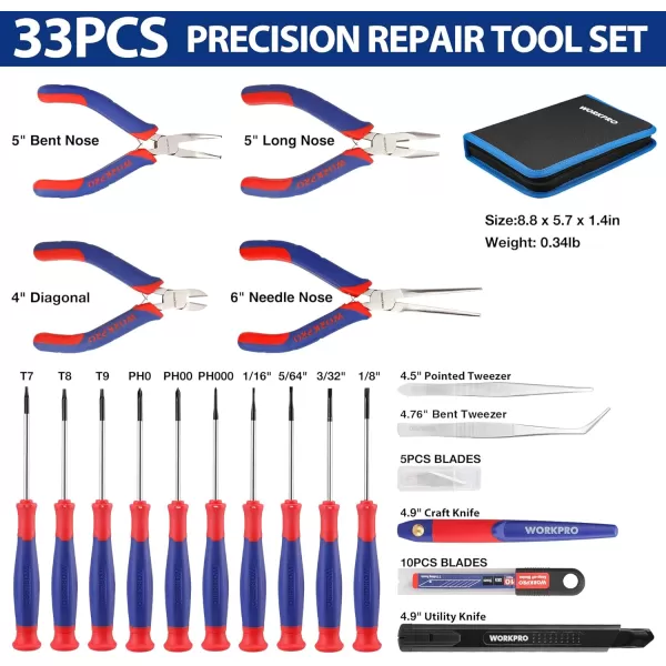 imageWORKPRO 33PCS Precision Repair Tool Set Includes Pliers Set Screwdrivers Set Craft ampamp Utility Knife Tweezers Electronic Repair Tool Kit with Pouch for Laptops Phones Computer  Pink RibbonBlue