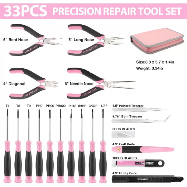 imageWORKPRO 33PCS Precision Repair Tool Set Includes Pliers Set Screwdrivers Set Craft ampamp Utility Knife Tweezers Electronic Repair Tool Kit with Pouch for Laptops Phones Computer  Pink RibbonPink