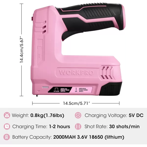 imageWORKPRO 36V Power Electric Cordless 2in1 Staple and Nail Gun 20Ah Battery Powered Stapler for Upholstery Crafts DIY Including USB Charger Cable 2000PCS of Staples and Nails  Pink RibbonPink