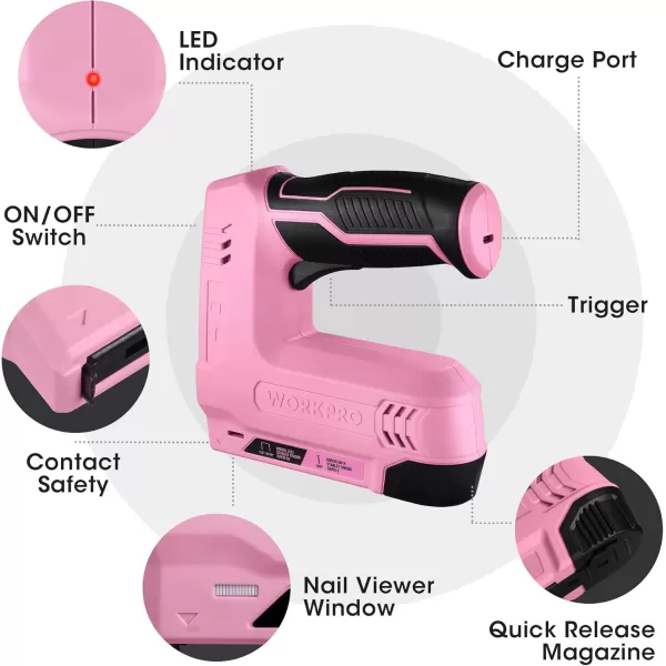 imageWORKPRO 36V Power Electric Cordless 2in1 Staple and Nail Gun 20Ah Battery Powered Stapler for Upholstery Crafts DIY Including USB Charger Cable 2000PCS of Staples and Nails  Pink RibbonPink
